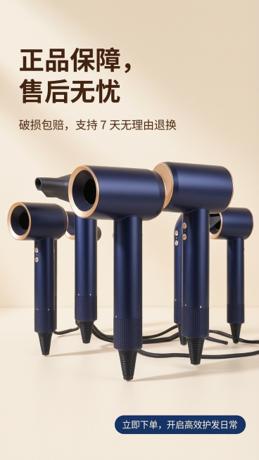 [第14屏] 本屏功能定义：负离子护发高速吹风机售后保障与行动号召页。
[氛围/风格] 简约温馨促销风格，柔和舒适氛围感，商业推广质感。
[元素布局] 浅暖米温馨背景，画面中陈列多台同款藏青蓝带香槟金预览效果