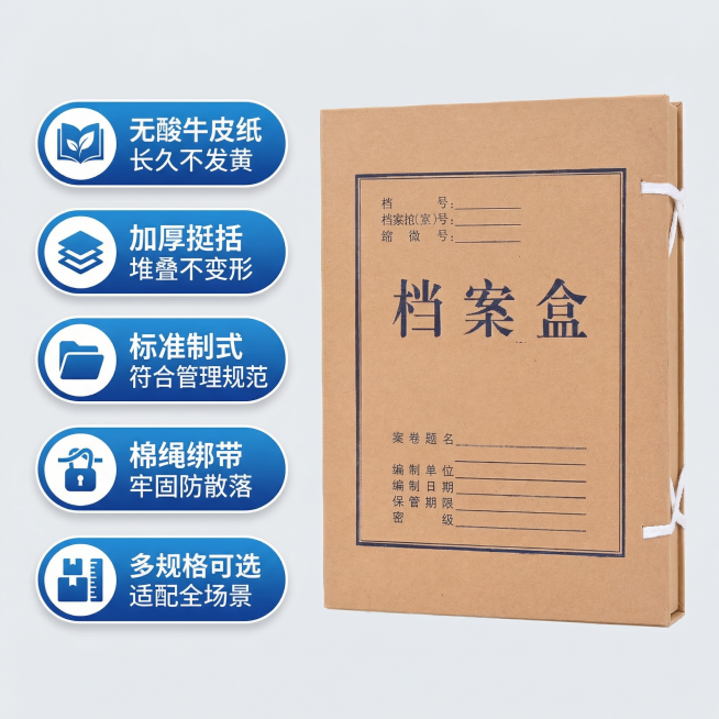 生成无酸加厚牛皮纸档案盒电商第二张主图，五个核心卖点做成带图标的竖向悬浮胶囊标签，排列在画面左侧，分别为：无酸牛皮纸长久不发黄、加厚挺括堆叠不变形、标准制式符合管理规范、棉绳绑带牢固防散落、多规格可选预览效果