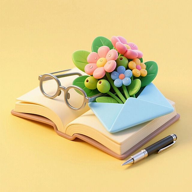 展开的书本，上面是（浅蓝色信封，信封里放着一束花，绿叶，小果实，眼镜，笔），摆放在一起，浅黄色背景