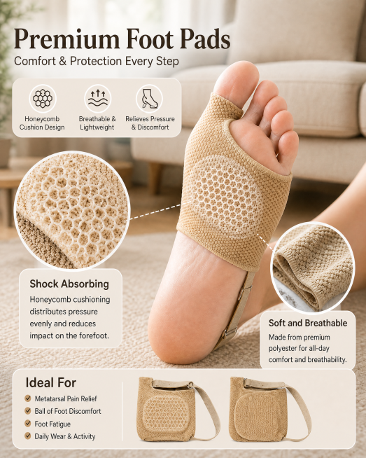 Ultra high-resolution Amazon lifestyle infographic, premium metatarsal foot pad, beige honeycomb cus预览效果