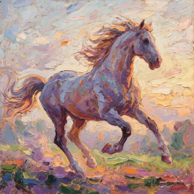 用莫奈的绘画风格生成一张奔腾骏马的图片预览效果