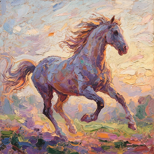 用莫奈的绘画风格生成一张奔腾骏马的图片