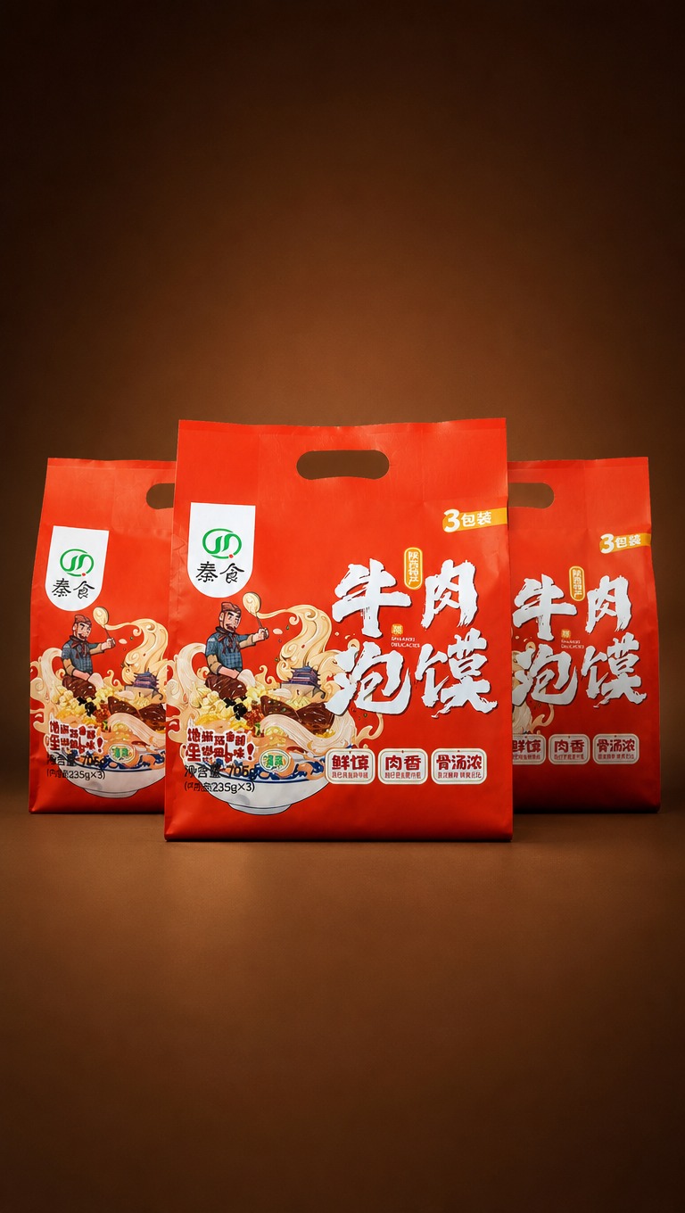 红色袋装牛肉泡馍三连包产品，深棕色纯色背景，产品居中摆放，暖光… - 图片创意预览