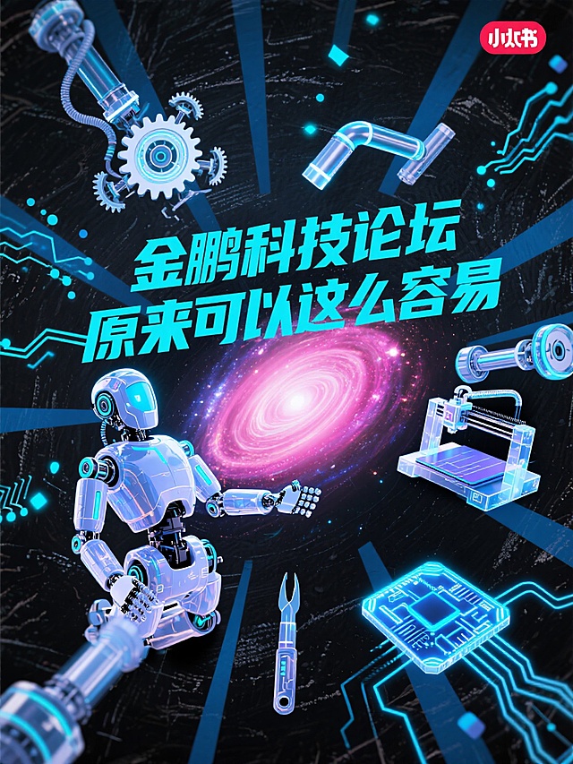 文字"金鹏科技论坛 原来可以这么容易"采用现代科技风字体，几何化特征明显，带有力量感的笔锋，呈现简洁硬朗的科技感，荧光蓝色渐变效果。画面以黑板纹理为基底，中央呈现立体宇宙星云漩涡，周围环绕炫酷的机械结构机器人（透明外壳展现齿轮组/发光液压管细节）与创客工具（半透明3D打印机/发光电路板），点缀荧光蓝数据流粒子形成动态光效。背景加入小红书标志性的粉色渐变光晕，与科技蓝形成撞色对比。整体采用放射状构图，文字悬浮于视觉中心，机械元素呈环绕式分布。风格是科技拼贴风，比例是16:9