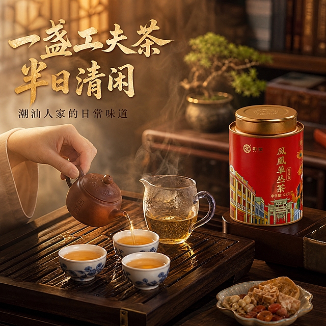 [主图-4] 场景体验 潮汕工夫茶沉浸式品茗 中茶凤凰单丛
[统一基调] 沉浸式氛围感新中式国风 暖调暗调高级感 深棕红金配色 主标题用粗笔书法体金色描边 辅助文案用细宋体米白色 整体画面有薄雾轻烟和暖光丁达尔效应 营造潮汕工夫茶沉浸式品茗氛围
[画面] 产品红罐位于画面右侧茶盘后方 占比约35% 罐体完整展示 画面主体为潮汕工夫茶冲泡场景 俯视45度角 木质茶盘上摆放着整套工夫茶具 紫砂茶壶 公道杯 三个品茗杯呈品字形排列 一只优雅的女性手正用茶壶往杯中斟茶 茶汤金黄 有袅袅热气升腾 茶盘旁有一小碟潮汕茶点 背景为虚化的中式书房或茶室 有书架和盆栽 暖黄灯光营造温馨沉浸式氛围
[光影质感] 生活方式摄影质感 暖黄室内灯光 柔和漫射 茶汤有热气和光泽 手部自然优雅 整体温暖治愈 氛围感强
[配色] 主背景暖棕+米黄灯光 主标题金色 辅助文案深棕 整体暖调温馨
[文字版式] 左上方主标题 粗笔书法体金色"一盏工夫茶 半日清闲" 下方细宋体深棕小字"潮汕人家的日常味道" 文字放在左上负空间 不遮挡茶具和产品
[输出要求] 1:1正方形 800x800 文字清晰锐利 产品清晰不变形 无错字 无水印 无平台Logo 负向：变形 模糊 杂乱 错字 产品颜色改变 罐体图案变形 手部畸形