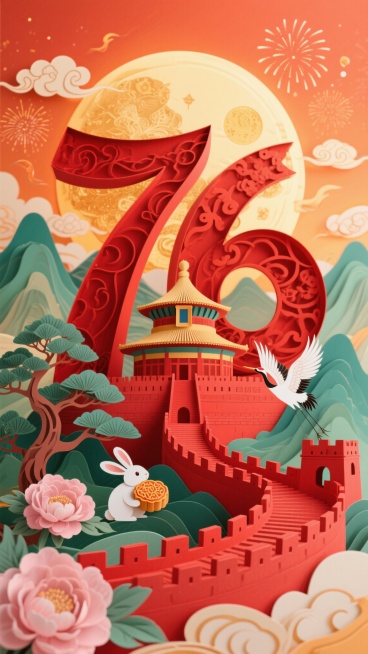 立体纸雕艺术风格，红、橙、金暖色调营造喜庆氛围，竖版层次丰富构图。主体为艺术化红色数字“76”，数字间融合天坛建筑，下方蜿蜒红色长城，抱月饼的白兔，飞翔的仙鹤，盛开的粉色牡丹，苍劲的松树。背景是点缀祥预览效果