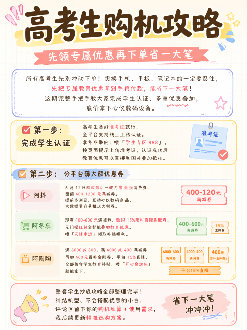 校园书写风格竖版海报，主题为高考生数码优惠攻略，整体风格吸睛手写质感，高清，主标题：高考生购机攻略，副标题：先领专属优惠再下单省一大笔，完整文案："所有高考生先别冲动下单！想换手机、平板、笔记本的一定预览效果