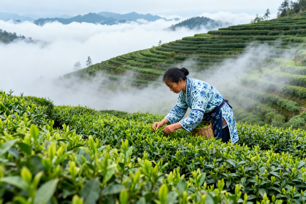 云海中的龙井梯田，茶农采摘嫩芽，层次分明的青瓷釉色预览效果