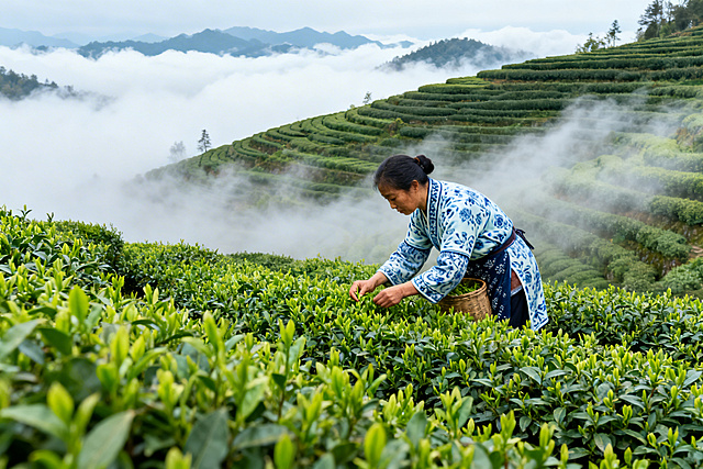 云海中的龙井梯田，茶农采摘嫩芽，层次分明的青瓷釉色