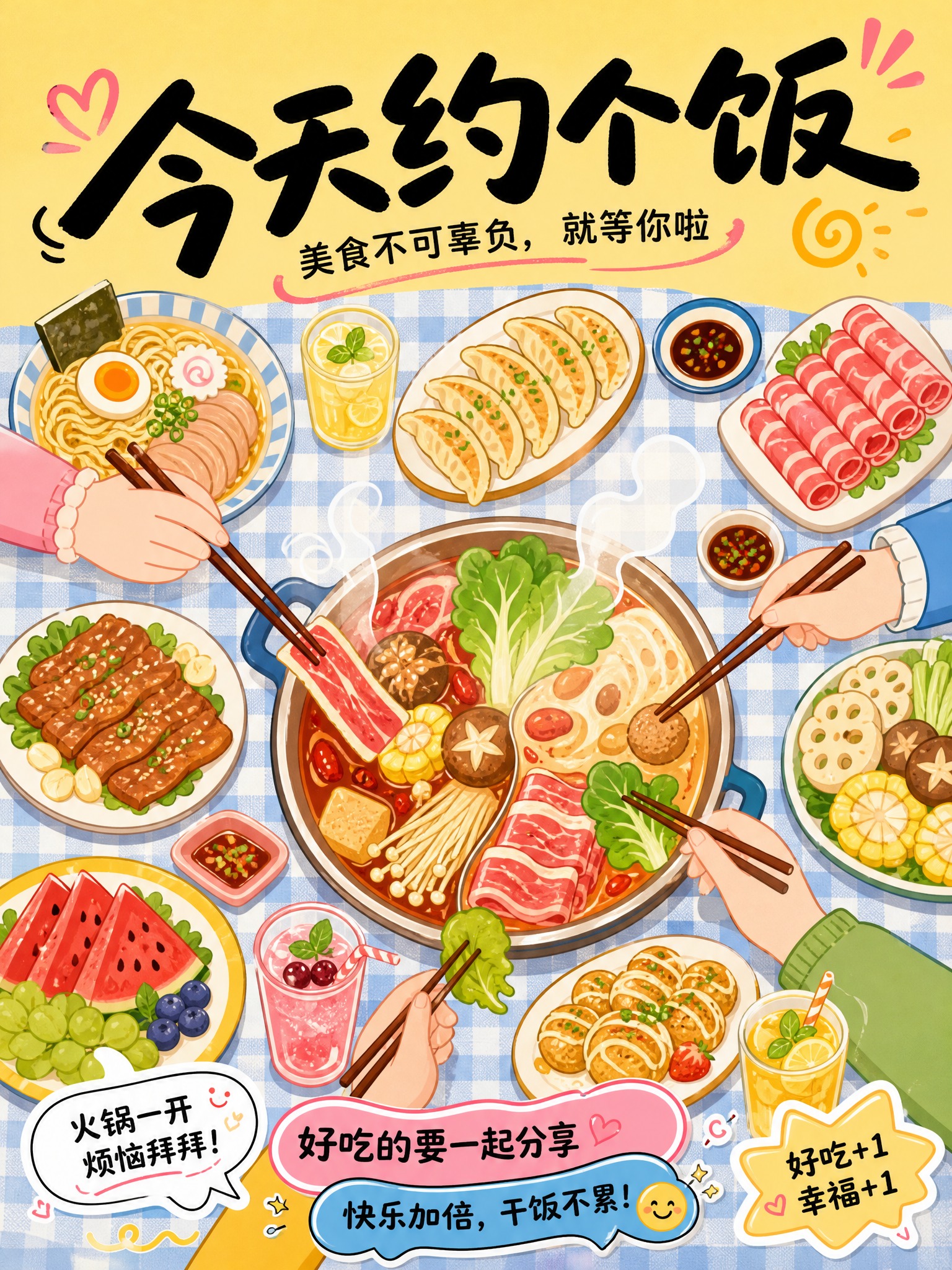 参考图的扁平插画风美食海报风格，生成一张主题为"今天约个饭"的… - 图片创意预览