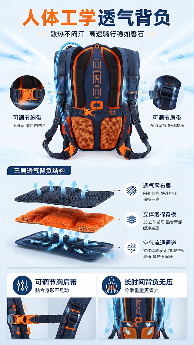 [第4屏] 人体工学背负系统详解页-KTM红牛联名款2L水包透气背负展示。本屏使用【图1】作为商品主体，背面款展示背负结构。
[氛围/风格] 运动舒适风，透气散热可视化，清爽通透。
[元素布局] 水包置于画面中央偏上，占比约50%，背面完整展示透气网布与立体泡棉背板结构；下方为背负系统剖面示意图，展示透气网布层、立体泡棉层、空气流通通道三层结构；两侧展示可调节胸带与肩带细节特写；背景为淡蓝色气流线条，模拟空气流通效果；产品结构、颜色、材质与输入图一致。
[光影质感] 顶部均匀柔光，背板网布细节清晰，气流线条有发光效果，整体清爽明亮。
[配色色系] 全局底色 #F0F7FF 淡蓝色；主色 KTM橙 #FF6600；辅助色 藏青、浅蓝、白色。
[视角构图] 背面平视，产品在上，结构解析在下，阅读动线从上至下。
[文字版式] 版式为上方产品 + 中部三层结构示意 + 底部两大卖点。主标题「人体工学透气背负」，副标题「散热不闷汗 高速骑行稳如磐石」；中部三层结构标注「透气网布层」「立体泡棉背板」「空气流通通道」；底部左右两个卖点卡：左侧「可调节胸肩带」配调节图标+「贴合身形不晃动」，右侧「长时间背负无压」配人体图标+「分散重量更省力」；橙蓝配色，信息层级分明。
[比例分辨率] 9:16竖版比例，4K分辨率，文字清晰可辨，高清画质。
[负向提示词] 产品变形，缺件错件，颜色偏差，水印，文字错乱，产品图模糊，文字过小。