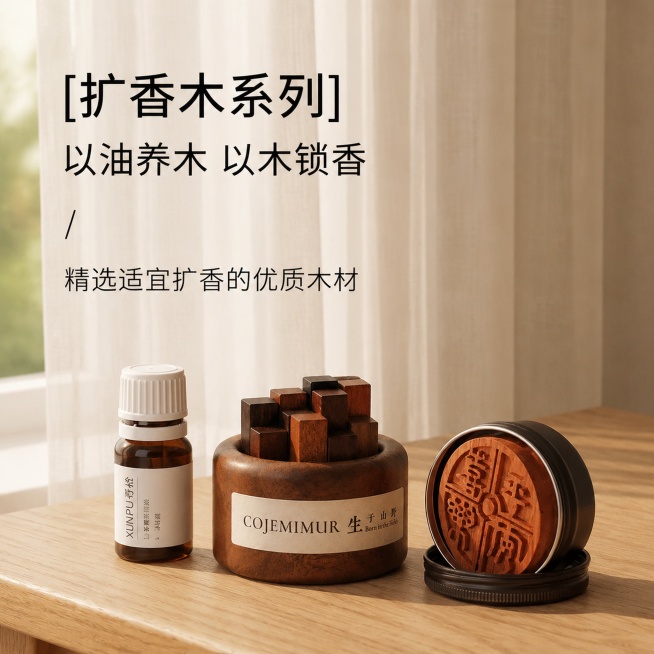 [单张主图] 小柴火堆实木扩香器 高级氛围感主图，复刻参考图版式
参考图版式拆解：顶部左对齐放置主标题+副标题，产品主体放置在中下部木质桌面上，背景为浅米色透光纱帘，左侧放置精油瓶，产品放在中部，右侧预览效果