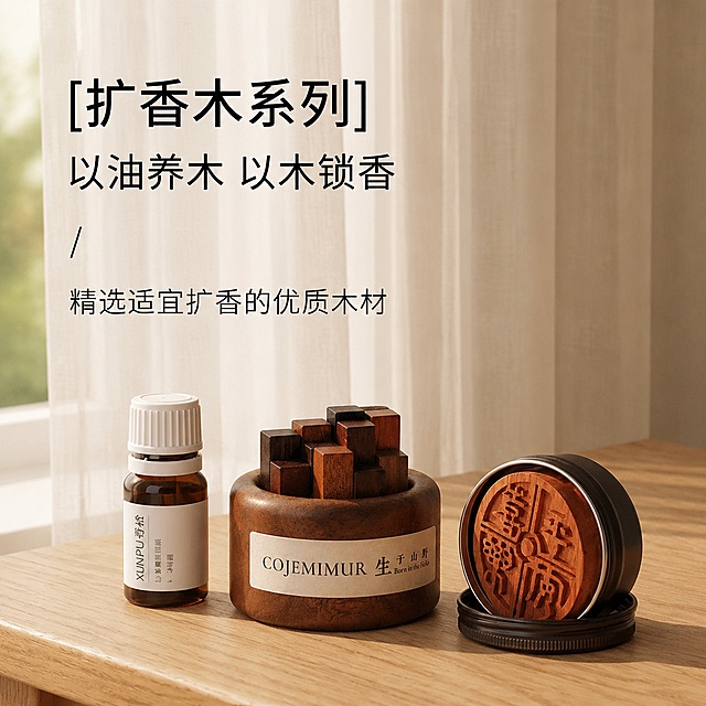 [单张主图] 小柴火堆实木扩香器 高级氛围感主图，复刻参考图版式
参考图版式拆解：顶部左对齐放置主标题+副标题，产品主体放置在中下部木质桌面上，背景为浅米色透光纱帘，左侧放置精油瓶，产品放在中部，右侧放置带雕刻的盖子，文案分四层排布，从上到下字号依次递减，全部保持黑色文字左对齐
要求：保持小柴火堆扩香器外观、物理结构、材质质感、颜色与输入产品图https://gdesign-dam-hz.dancf.com/37128868059661422/2ae95abe1cf540a3bbbf73a66f036ff5.png绝对一致，杜绝任何变形和色差，精细化处理，文字排版、大小、内容、位置和参考图https://gdesign-dam-hz.dancf.com/37128870717409410/6c7ea6cfcfb548c2a05415f4595a61f1.png完全保持一致，只替换产品主体为当前扩香器，保留原背景和场景光影
构图版式：本次采用大字场景海报型版式，顶部左对齐放置大标题，产品主体放中下部浅原木色桌面上，周围保留自然空间氛围，文字不遮挡产品主体
场景元素：背景为浅米色透光棉麻纱帘，产品放置在浅原木色桌面上，左侧搭配精油瓶，整体还原参考图场景布局，仅替换产品主体，保留原背景和场景光影
文字文案：
"扩香木系列"
"以油养木 以木锁香"
"/"
"精选适宜扩香的优质木材"
文字排版、大小、颜色、位置和参考图完全保持一致，全部左对齐
光影质感：自然柔和窗边柔光，主光从左侧照射而来，产品和桌面形成自然柔和投影，背景纱帘透光均匀，景深适中，产品纹理清晰真实，呈现温馨居家午后氛围感
配色字体：主色调为原木浅棕+米白，文字为深黑色，字体采用无衬线粗体，文字大小层级和参考图保持一致
生成要求：1:1比例，2K分辨率，文字清晰可辨，超高清商业摄影质感
负向提示词：变形，水印，错字，糊字，伪Logo，主体遮挡，背景杂乱，低清晰度，错误结构