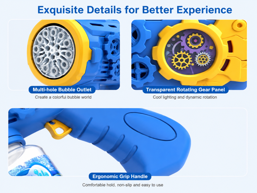 [Screen 4] Product Detail Close-up Page for Bubble Gun. Same background #f0f4f8. Close-up shot of th预览效果