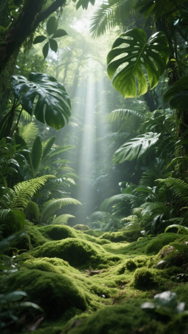 超写实风格森林背景，阳光从茂密枝叶间穿透形成明亮光束，前景是覆盖着柔软苔藓的起伏绿色地面，四周环绕着巨大的龟背竹叶、蕨类植物和各种热带绿植，整体色调以深浅不一的翠绿为主，光影对比强烈，营造出清新自然、生机盎然的氛围，画面中无文字、标识等元素，仅展现纯粹的森林自然景观。预览效果