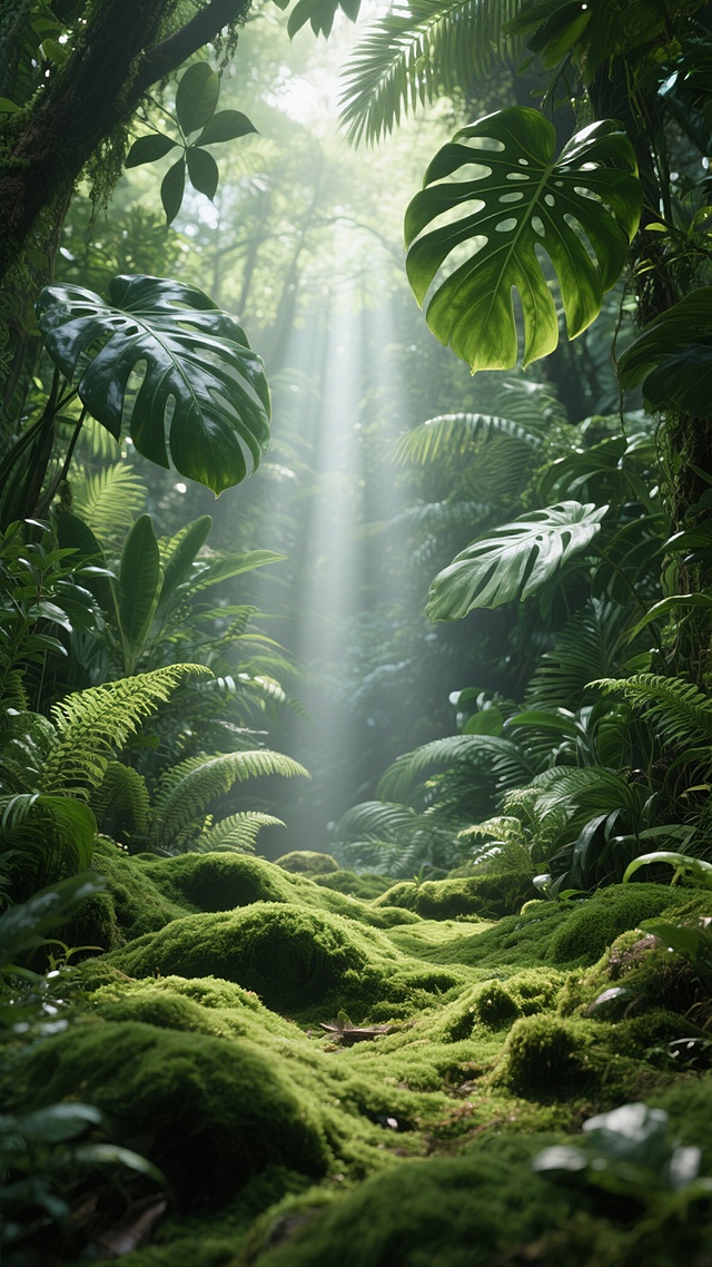 超写实风格森林背景，阳光从茂密枝叶间穿透形成明亮光束，前景是覆盖着柔软苔藓的起伏绿色地面，四周环绕着巨大的龟背竹叶、蕨类植物和各种热带绿植，整体色调以深浅不一的翠绿为主，光影对比强烈，营造出清新自然、生机盎然的氛围，画面中无文字、标识等元素，仅展现纯粹的森林自然景观。