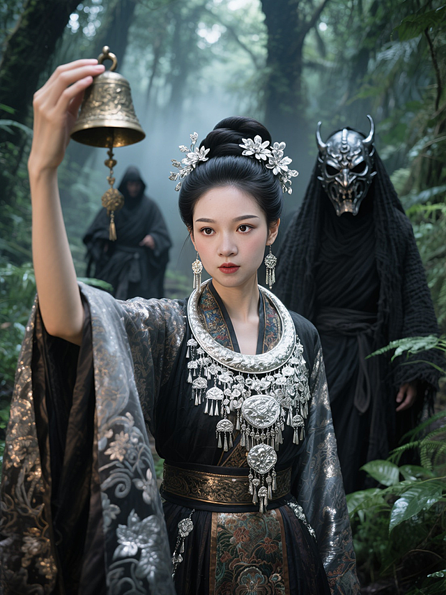 在充满神秘氛围的丛林场景中，身着华丽传统服饰的东方女子为核心主体。她梳着古典发髻，头上插着银花与精致的银发饰，佩戴繁复且精美的银质项链、耳饰等配饰，衣袍有细腻花纹与光泽。她右手单手高举古朴铜铃，姿态优雅又带神秘张力，眼神明亮专注望向前方。背景深处，若隐若现几位身着黑色麻布服饰、面带一张铁制神怪面具的人物，周围绿植繁茂，光线营造出静谧又具奇幻感的氛围，画面像是女子拿着手机前置相机的自拍，女子在画面的