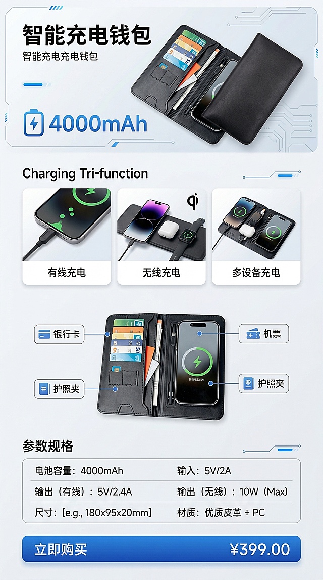 设计一个充电钱包产品的电商详情页，尺寸750×3000px，简约科技风格。产品核心卖点：4000mAh电池容量，支持有线充电 + 无线充电（Qi无线充），可同时为手机、耳机、手表充电，内置收纳功能：银行卡、机票、护照夹。页面要求：白底和浅灰渐变背景，搭配蓝色科技感点缀，顶部展示产品名称“智能充电钱包”与主视觉，结合用户提供的两张产品实物图做展示，用图标+文字卡片形式展示充电三合一功能（有线充电/无线充电/多设备充电），单独区块展示收纳卖点（银行卡、机票、护照夹，用图标+标签形式），包含参数规格表（电池、输入输出等），底部放置立即购买按钮和价格，整体干净、留白充足，字体使用无衬线体（SF Pro / Inter风格），不要复杂3D渲染，用扁平或微渐变图形。