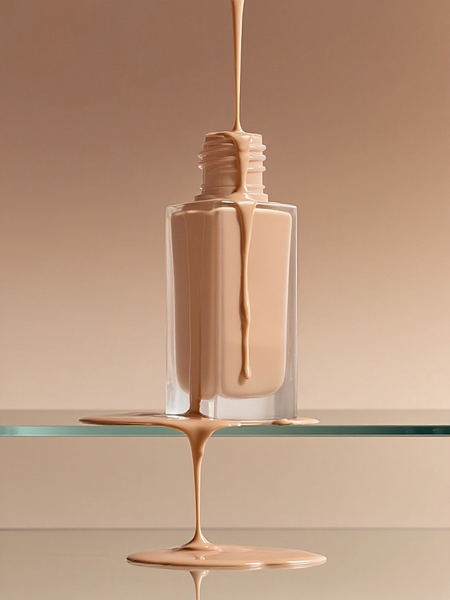 主体立在透明台面上，粉底液从上方滴落并沿着瓶身流淌，在瓶身及下方平面形成自然的液体积聚与流淌效果，暖色调渐变背景（从浅棕到米色过渡）