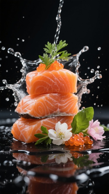 特写镜头下，新鲜三文鱼块以不同的堆叠方式呈现，橙红色的鱼肉纹理清晰可见，表面光泽细腻，搭配翠绿的香草叶、白色和淡粉色的可食用花朵以及点缀其间的橙色鱼籽，背景为纯黑色，水花以动态的形态从三文鱼周围飞溅而出，形成晶莹剔透的水珠和水线，部分酱汁在黑色的平面上自然流淌，整体画面光影对比强烈，突出食材的新鲜感和质感，营造出高端、精致的美食氛围。预览效果