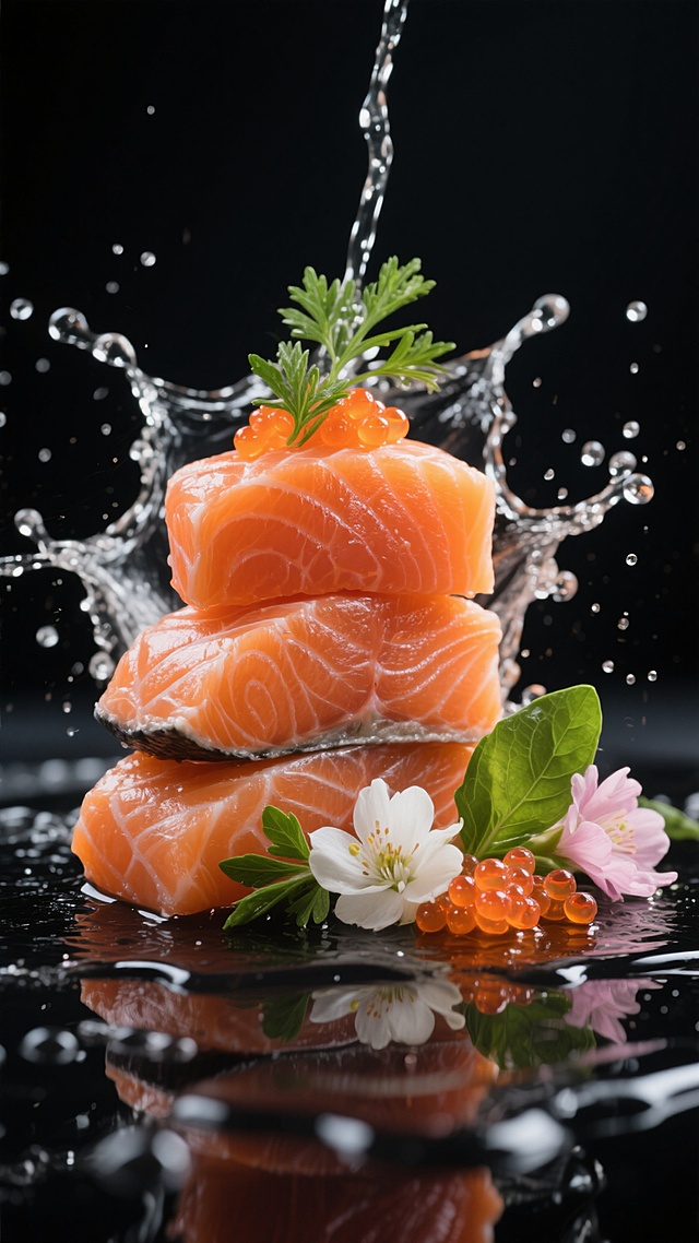 特写镜头下，新鲜三文鱼块以不同的堆叠方式呈现，橙红色的鱼肉纹理清晰可见，表面光泽细腻，搭配翠绿的香草叶、白色和淡粉色的可食用花朵以及点缀其间的橙色鱼籽，背景为纯黑色，水花以动态的形态从三文鱼周围飞溅而出，形成晶莹剔透的水珠和水线，部分酱汁在黑色的平面上自然流淌，整体画面光影对比强烈，突出食材的新鲜感和质感，营造出高端、精致的美食氛围。