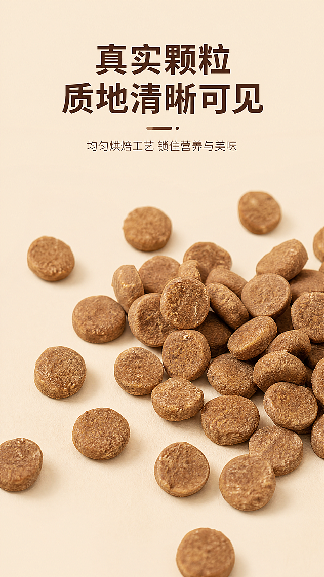 [第9屏] 狗粮颗粒细节展示页，本屏使用【图5】展示颗粒。顶部标题"真实颗粒 质地清晰可见"，放大展示散落狗粮颗粒，突出烘焙工艺均匀颗粒，保持原图颗粒形状和颜色一致。暖米背景，简洁排版突出产品本身。9:16竖版，4K，文字清晰。负向提示词：颗粒变形,颜色失真