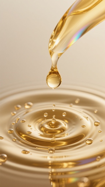 超高分辨率摄影，金色透明液体正从上方滴落，形成完美的泪珠状液滴悬停在水面上方，下方液体表面激起多层同心圆涟漪，涟漪中心有小液滴反弹上升，周围散布着大小不一、晶莹剔透的悬浮小水珠，液体表面呈现细腻的丝绸般光泽纹理，水滴边缘带有柔和的彩虹色光晕，整体光线明亮柔和，从顶部斜射的光线在液体表面形成强烈的高光反射和清晰的阴影层次，背景为纯净的米白色，突出金色液体的流动感和质感。预览效果