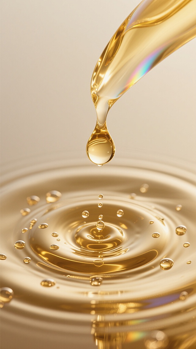 超高分辨率摄影，金色透明液体正从上方滴落，形成完美的泪珠状液滴悬停在水面上方，下方液体表面激起多层同心圆涟漪，涟漪中心有小液滴反弹上升，周围散布着大小不一、晶莹剔透的悬浮小水珠，液体表面呈现细腻的丝绸般光泽纹理，水滴边缘带有柔和的彩虹色光晕，整体光线明亮柔和，从顶部斜射的光线在液体表面形成强烈的高光反射和清晰的阴影层次，背景为纯净的米白色，突出金色液体的流动感和质感。