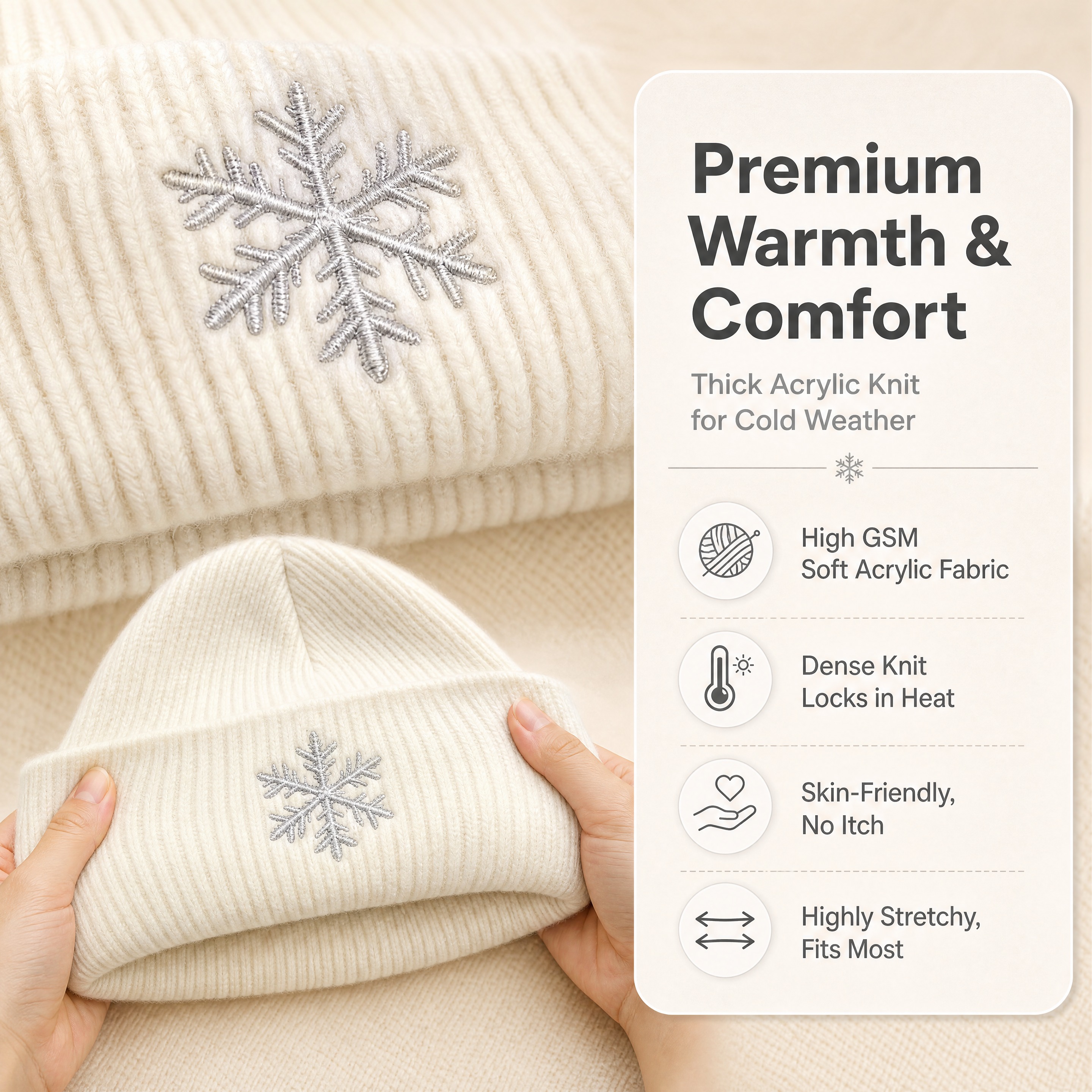 [商品] 使用【图1】奶白色雪花刺绣翻边针织冷帽；商品处理：保… - 图片创意预览