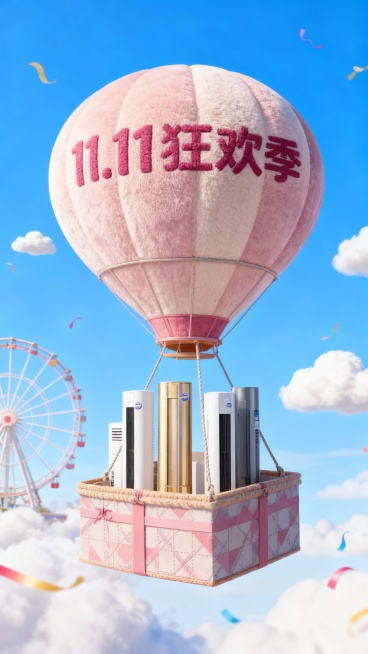一个带有主体配色的大型热气球，吊篮为礼盒样式，礼盒里放着图中所有物品，气球上绣着“11.11 狂欢季”，背景展示高饱和蓝天、摩天轮、云朵、彩带等元素，营造出活泼、精致的氛围。预览效果
