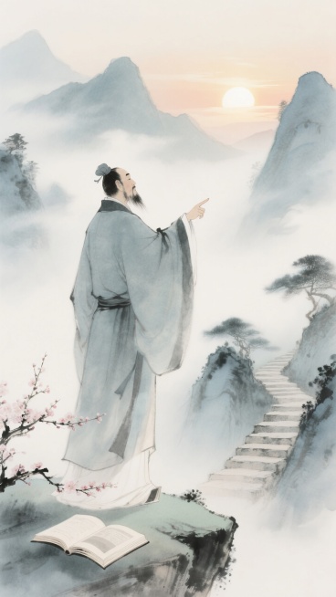 智慧夫子侧影，手指远方姿势。中式淡彩绘出山脉 ，书籍，桃李枝条。背景是山水画面支雾缭绕，蜿蜒石阶小径，远处有朝阳。预览效果