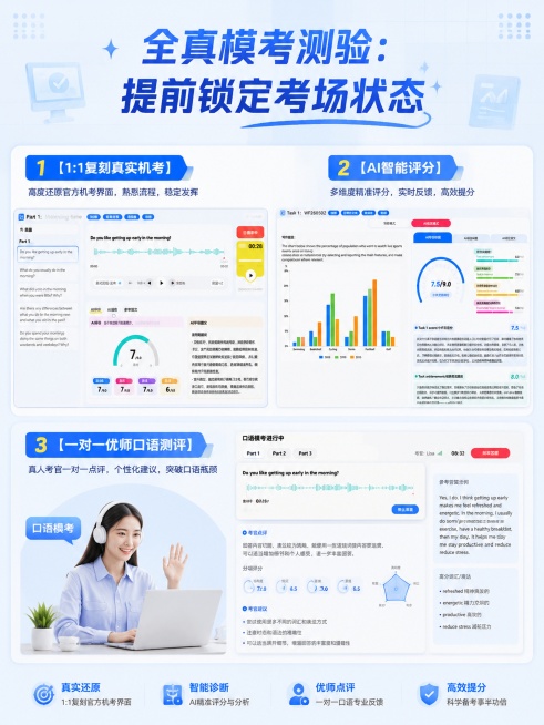 雅思全真模考展示图，尺寸比例3:4，蓝白配色浅蓝色网格背景，品字形排版，文案标题“全真模考测验：提前锁定考场状态”，使用机考界面截图和“口语模考”插图，用高亮色块标出三个核心功能：“【1:1复刻真实机预览效果
