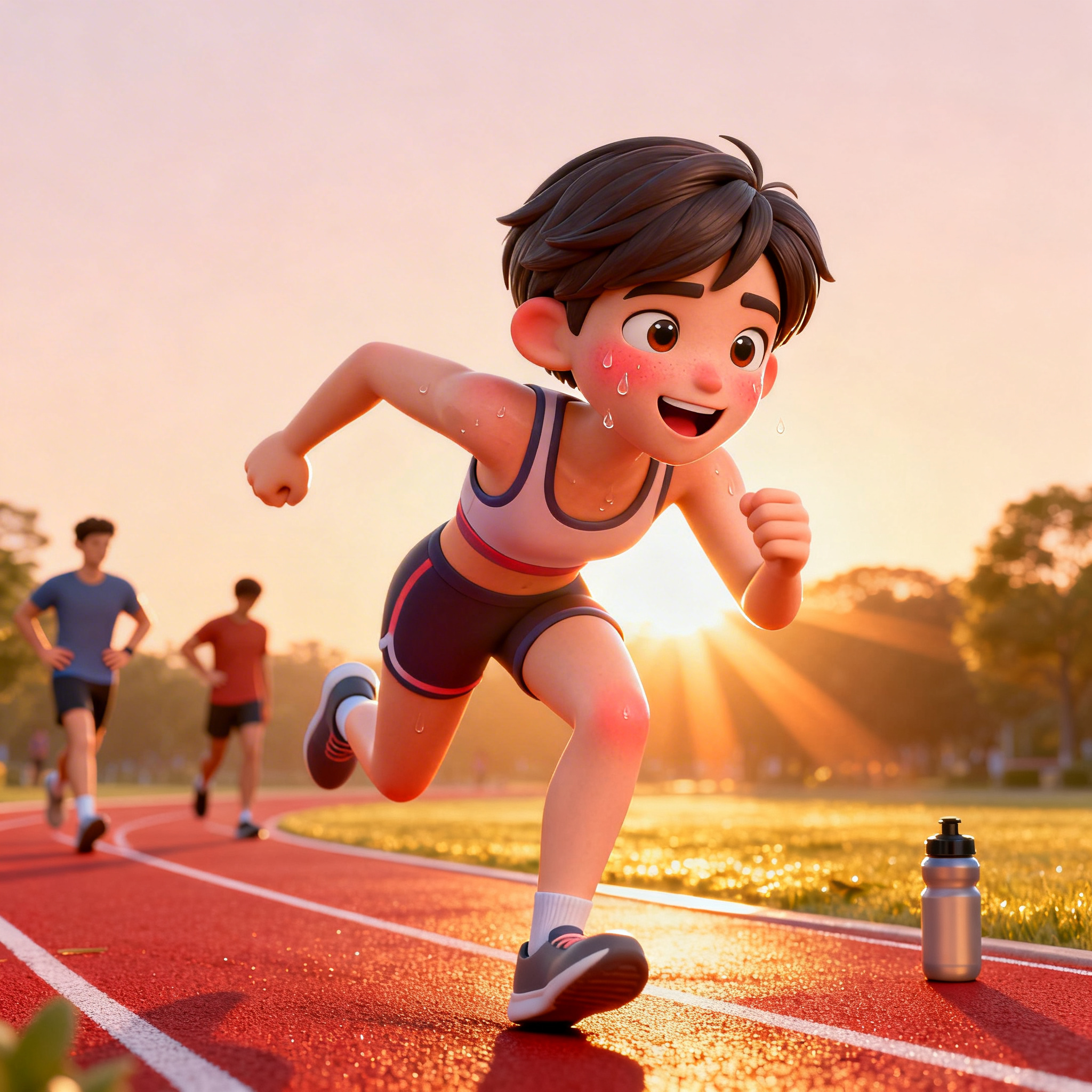 趣味3D插画风格，清晨公园步道，一位阳光活力年轻中性形象，短发… - 图片创意预览