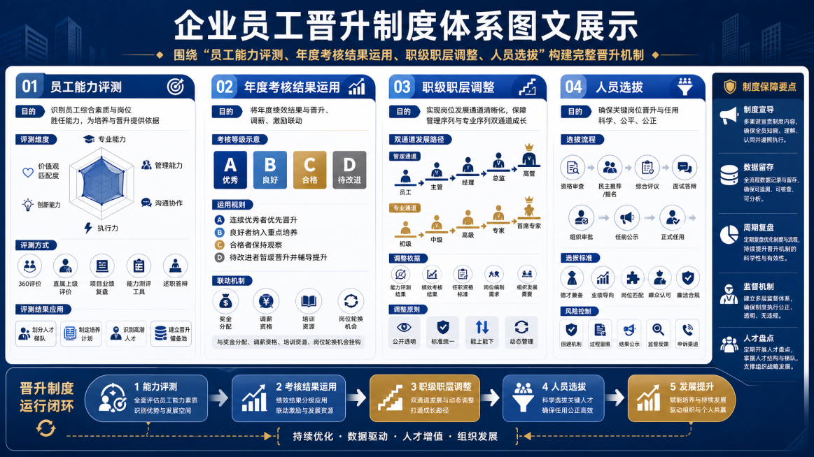 企业员工晋升制度体系图文展示，包含员工能力评测、年度考核结果运用、职级职层调整、人员选拔四个部分，完整呈现所有制度内容，采用简洁商务正式的设计风格，图文排版清晰美观。预览效果