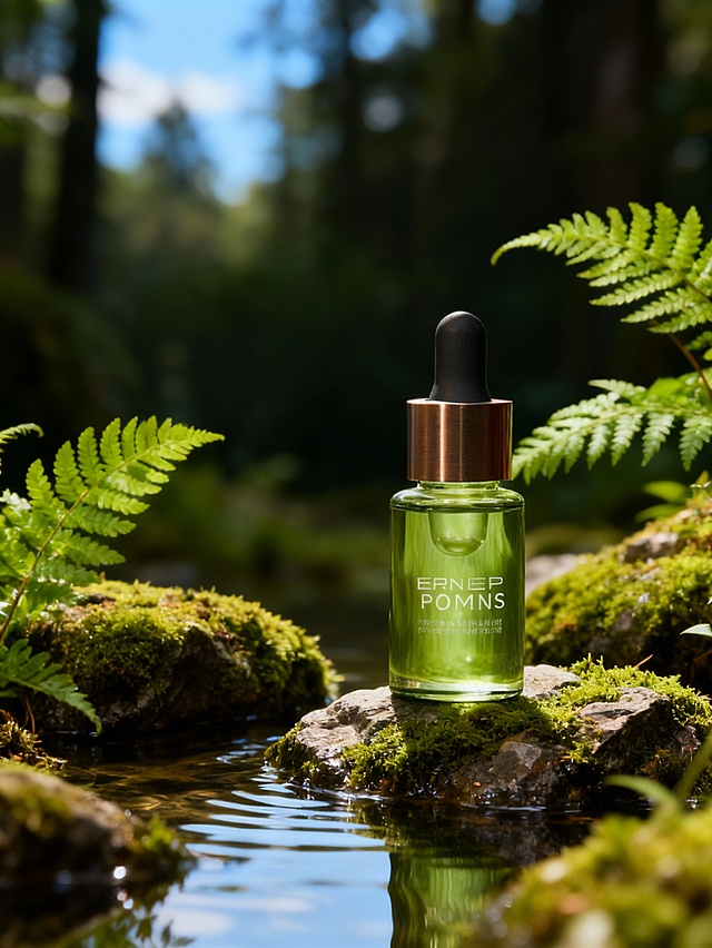 主体被置于有苔藓的岩石之上（主体占画面比为25%，位于画面右边）岩石质感棕色厚重呈现些许光泽。前方浅水衬托，背景为自然元素包含苔藓覆盖的岩石、鲜绿蕨类植物，采用浅景深构图，周围自然元素环绕，以主体为视觉焦点；背景是模糊的清新墨色森林，有一点蓝天；色彩以多层次绿色为主调。突出产品自然氛围感，自然打光，保证溶图效果。