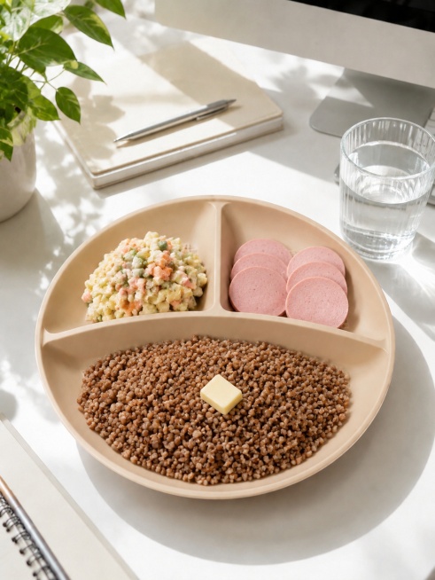 Retain the original plate structure and office lunch scene, replace the food with typical Russian of预览效果