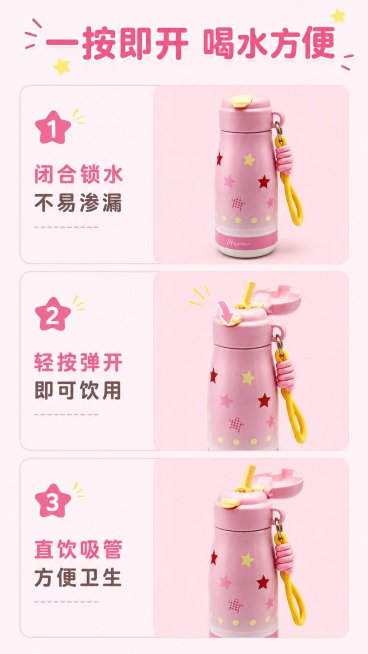 [第4屏] 星星提手保温杯开盖喝水操作步骤，三步演示便捷性。本屏使用粉色星星款展示操作过程。
[氛围/风格] 分步演示，清晰易懂，明快活泼风格。
[元素布局] 竖向三格分步布局，从上到下三步：第一步闭预览效果