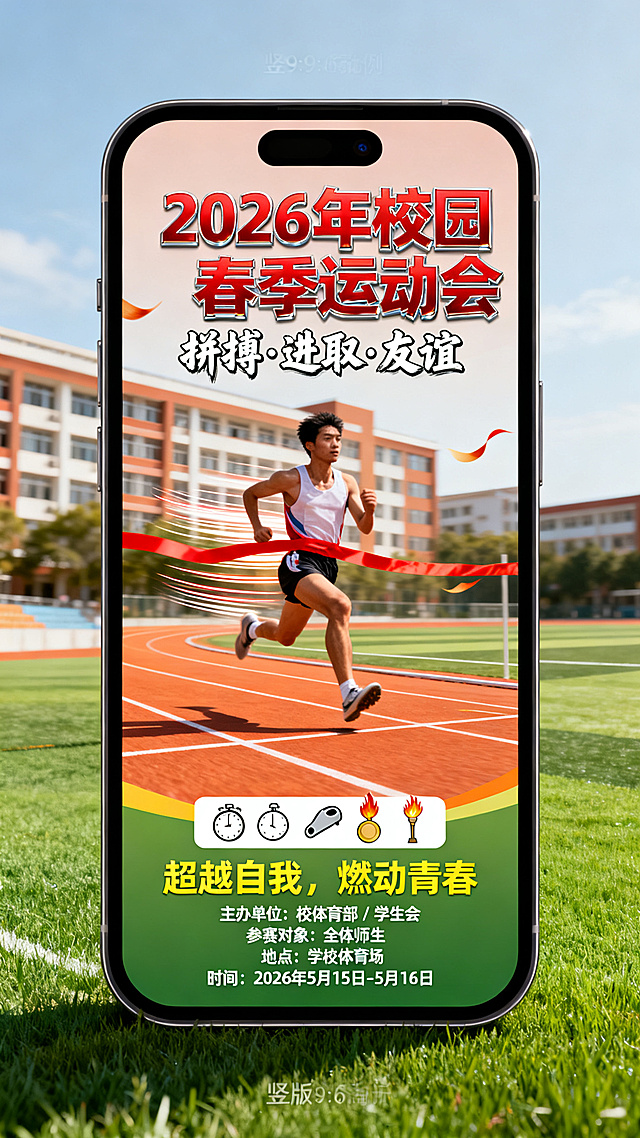 校园春季运动会手机竖版海报，9:16比例，配色为主色调热情跑道红+活力橙+清新草坪绿，文字辅助色白色或明黄色，从上到下排版：顶部标题区主标题为红色粗黑体带金属质感“2026年校园春季运动会”，副标题为白色书法字体带阴影“拼搏·进取·友谊”；中部视觉主图区背景是虚化的教学楼和操场，主体是一名运动员冲过终点线的特写，在人物周围添加速度线和飘带动感效果，字体使用粗黑体或书法字体；底部信息区最上方一排简单运动图标：秒表、哨子、奖牌、火炬，点缀文字清晰排版：口号“超越自我，燃动青春”，主办单位：校体育部 / 学生会👥，参赛对象：全体师生📍，地点：学校体育场，时间：2026年5月15日 - 5月16日📅。整体设计清晰美观，动感活力。
