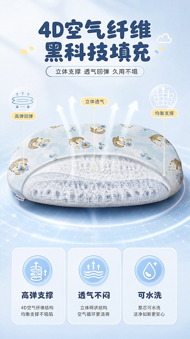 [商品] 使用【图1】和【图2】展示4D空气纤维内部填充；保留垫子椭圆形轮廓、厚度、拉链结构；通过半透明/剖面效果展示内部4D空气纤维立体网状结构，不改变外部版型和颜色。
[画面] 目标：突出4D空气纤维核心科技，展示透气、支撑、回弹特性。构图：中央为垫子剖面/半透明效果图，清晰展示内部纤维结构；周围环绕空气流动、回弹示意等图形元素；产品占画面55%。背景为浅蓝渐变+科技感网格底纹。
[视觉] 套系策略：风格=清新治愈宠物用品商业摄影；标题字=圆润粗黑体；正文字=简洁圆角无衬线体；主色=浅天蓝色；背景延展=基于浅天蓝做深浅层级、同色渐变和细腻织物/云朵质感；强调色=奶黄色，仅用于小面积图标、引线和标签；标题色=深雾霾蓝；正文色=中暖灰；组件=圆角浅底信息卡、软曲线引线、圆点装饰；光影=左前侧柔和自然光。
[文字] 顶部主标题「4D空气纤维 黑科技填充」；副标题「立体支撑 透气回弹 久用不塌」；下方3个圆角信息卡分别标注「高弹支撑」「透气不闷」「可水洗」，配对应图标。
[规格] 图片比例9:16竖版，4K分辨率，负向提示：避免变形、错字、文字过小、颜色改变、版型失真、极限词、二维码、第三方平台logo。