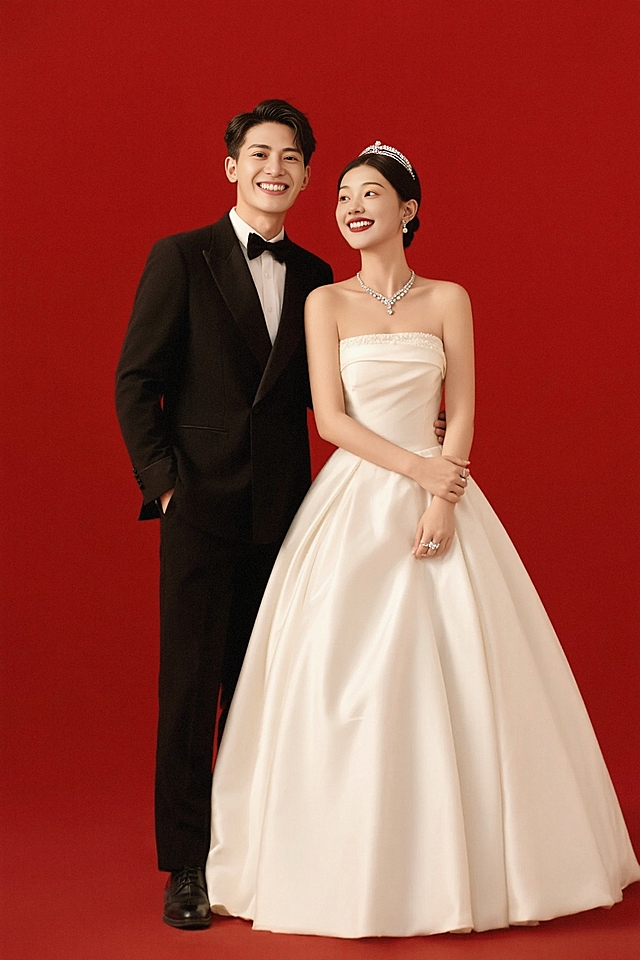 红白双色设计，绸缎珠光质感，欧式宫廷风婚纱照，喜庆浪漫，现代时尚。