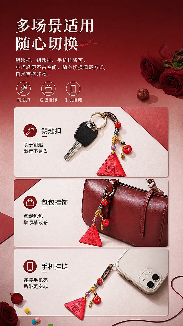 淘宝天猫电商详情页卖点图，9:16竖版，高级渐变白红纸质背景，酒红渐变调，风格统一。卖点主题：多场景适用·百搭挂件。画面分三个小场景展示：钥匙扣、包包挂饰、手机挂链，产品均保持原样。文字：大标题"多场景适用 随心切换"，正文"钥匙扣、钥匙挂、手机挂皆可，小巧轻便不占空间，随心切换佩戴方式，日常百搭好物"，配钥匙图标、包包图标、手机图标三个场景图标。实用感排版，符合天猫平台规则。