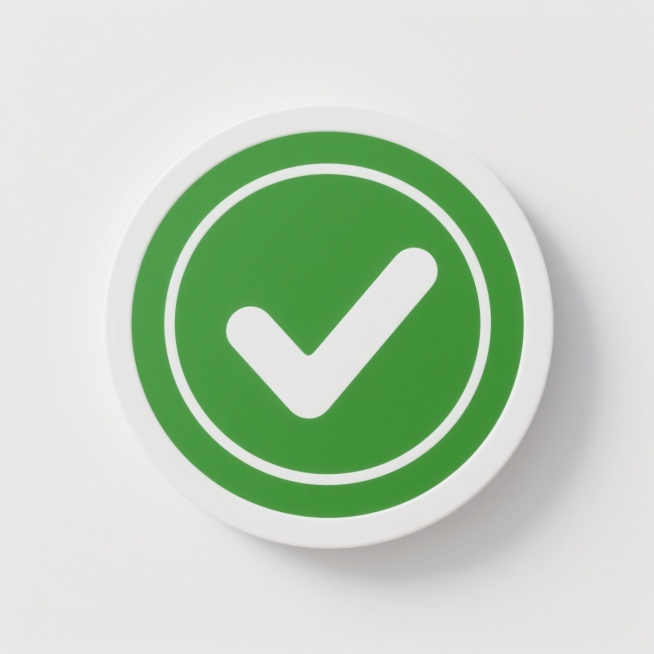 一个绿色圆形图标，内部有一个白色的对勾符号，圆形外有一圈白色细边框，整个图标以纯白色为背景，设计风格简洁现代，线条流畅，色彩鲜明，视觉层级清晰，信息传达直接高效，具有强烈的标识性和识别度。预览效果