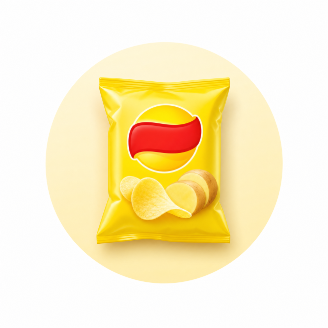 电商风味食品分类图标，100*100尺寸，包含乐事薯片图案，浅黄色圆形背景，保持和参考图一致的设计风格，不要大改动预览效果