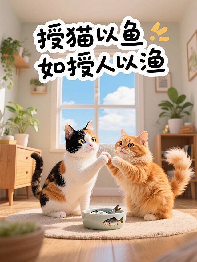 可爱手绘插画，一只三花猫和一只橘猫在温馨家居角落玩耍，家具和绿植，猫碗厘米放2条鱼，趣味手写大标题文案：“授猫以鱼如授人以渔”，窗外是蓝天白云，温暖治愈氛围。