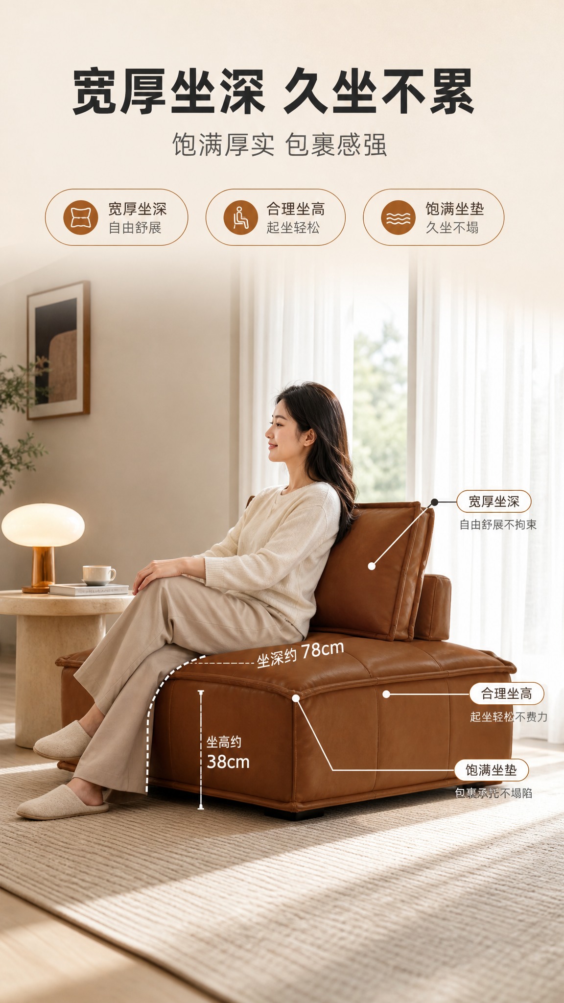 [商品] 使用【图1】焦糖棕色皮质款模块化沙发单元；保留方正箱… - 图片创意预览