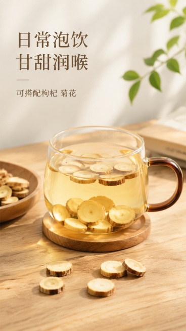 [第5屏] 使用场景页-日常泡水饮用场景展示。本屏使用【图1】作为产品原料。
[氛围/风格] 健康养生居家场景，温馨自然，干净治愈，真实生活感。
[元素布局] 玻璃杯中放入甘草片冲泡，茶水清澈透明，杯预览效果
