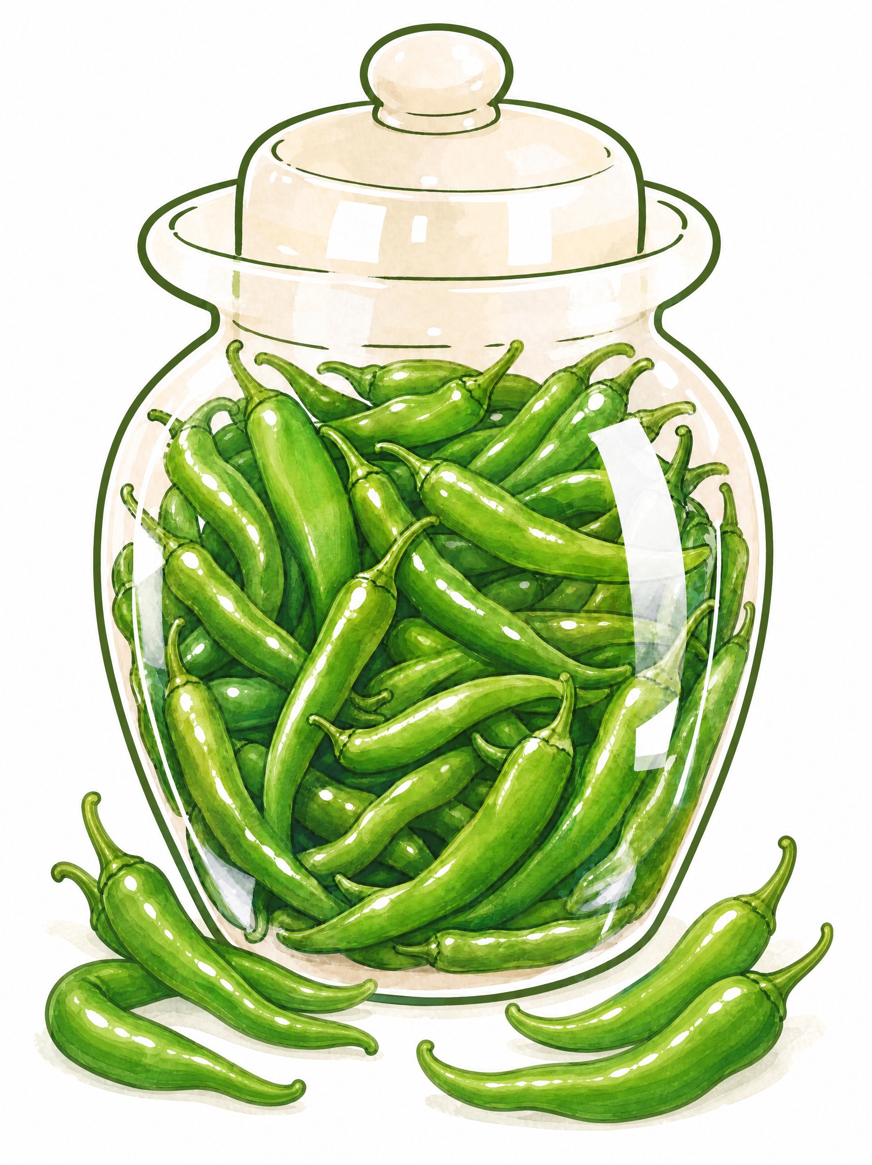 微调这张长条青椒泡菜坛插画：保持坛内长条形尖椒、无卡通表情、玻… - 图片创意预览