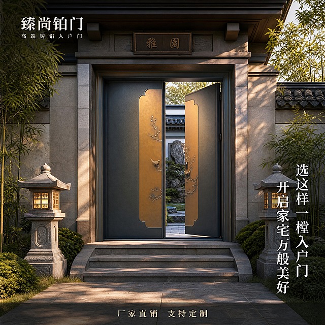 [主图-4] 场景适配图，核心任务是展示大门在真实大宅场景中的安装效果，让买家想象入户体验。
[统一基调] 整体风格为新中式大宅实景风，背景主色为自然天光色，标题字色为白色带深色描边，辅助字色为米白色，字体为宋体衬线体，文字放置在画面负空间，整体真实自然有代入感。
[画面] 画面展示新中式别墅大宅的入户全景，用户提供的这款喜鹊登梅大门安装在大宅正门位置，大门微微开启一扇，隐约可见院内的中式园林景观，有假山、翠竹、石板路。大门前有两级青石板台阶，两侧摆放中式石灯笼。视角为略微仰视的正面角度，大门占画面约50%，场景环境占50%，营造大宅入户的仪式感。画面左上角放置臻尚铂门logo。右下角竖排文字「选这样一樘入户门」「开启家宅万般美好」。底部有半透明深色条，写「厂家直销 支持定制」。
[光影质感] 自然光摄影质感，下午柔和的阳光从右侧照射，大门表面有自然的光影变化，地面有清晰的影子，场景光线真实自然，大门与环境融合自然，无悬浮感，边缘过渡自然。
[配色] 自然场景色为主，大门古铜色与深灰色真实呈现，文字为白色带浅黑描边确保可读性，整体色调温暖大气，有归家的温馨感。
[文字版式] 文字主要放置在右下角与底部的负空间，不遮挡大门主体。主文字大号宋体，白色带描边。底部条文字小号，米白色。
[输出要求] 1:1正方形比例，场景真实自然，大门与环境融合自然，文字清晰，无水印，无平台logo，无多余元素。