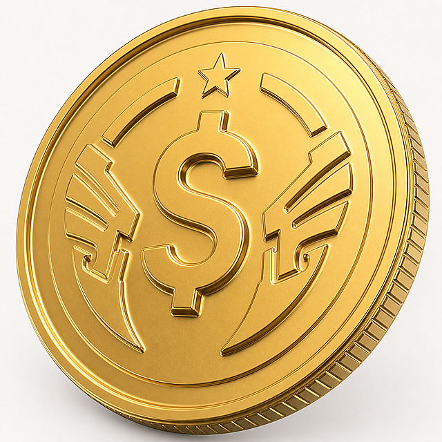 参考原图3D金属硬币风格，重新生成画面，加入枪械元素，改为金色材质的美元硬币，金属质感，特写视图
