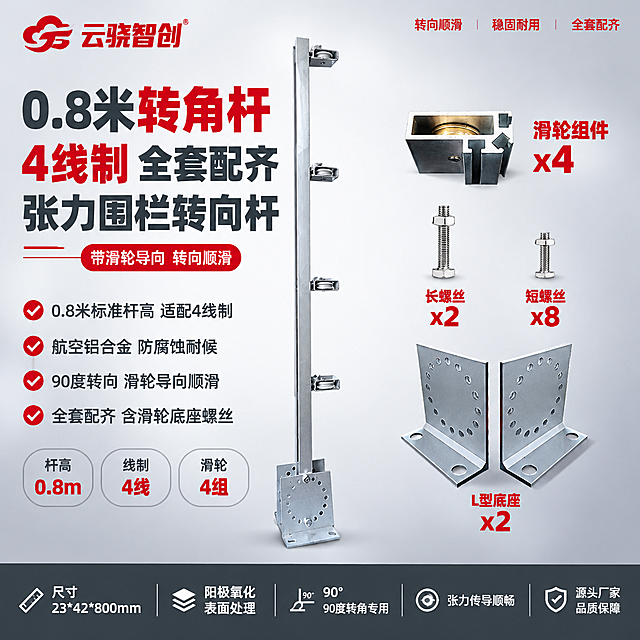 [单张主图] 商品名称：0.8米【转角杆】4线制全套。路线判断：爆款促销感主图（左文右品+套装配件展示型）。主图目标：同时承担点击、理解、信任、转化四个任务，3秒内传达产品是什么、0.8米转角杆、4线制、带4组滑轮导向、全套配齐含底座螺丝滑轮，传递报警行业专业大气风范。
[画面主体] 画面中部偏左展示0.8米转角杆主体（保持与输入产品图完全一致，铝合金银色质感，杆件结构、4个滑轮、可调底座全部不变形不改变外观），杆件竖直站立占画面约38%。杆件右侧展示配套滑轮组件、螺丝、双L型底座配件（保持原图外观不变），呈套装陈列，配件旁标注数量。左上角放置红色云骁智创LOGO（与参考图一致，不扭曲变形）。产品底部有柔和接触阴影，自然立于画面中。
[构图版式] 采用左文右品+套装配件展示型版式。顶部约25%为品牌+主标题区；左侧中部偏下为卖点+参数列表区；右侧中上部为配件套装展示区；底部约18%为深灰色通栏参数条收口。整体满版构图，不留空白，空白处用产品优势文字和标签填充。信息层级：主标题 > 产品主体 > 卖点列表 > 配件展示 > 底部参数。
[场景元素] 背景为浅灰白到深灰的柔和渐变棚拍背景，干净专业，中间略亮四周略暗，突出主体。文字区搭配细灰色水平分割线、红色小方块标识、圆角参数胶囊标签、红色对勾图标。产品周围空白处点缀红色小字标签。底部通栏用深灰色底+白色文字，形成稳定厚重的收口。
[文案版式] 左上角云骁智创红色LOGO。顶部超大主标题分三行排列：第一行"0.8米 转角杆"（深灰色，"转角杆"用警示红色加粗突出），第二行"4线制 全套配齐"（深灰色，"4线制"用警示红色加粗突出），第三行"张力围栏转向杆"（深灰色大字号加粗）。主标题下方红色细横线装饰，右侧配红色小字标签"带滑轮导向 转向顺滑"。左侧中部4个核心卖点列表，每行一个，前加红色对勾图标："0.8米标准杆高 适配4线制""航空铝合金 防腐蚀耐候""90度转向 滑轮导向顺滑""全套配齐 含滑轮底座螺丝"。卖点下方3个圆角参数胶囊（浅灰底深灰字，数值红色）："杆高 0.8m""线制 4线""滑轮 4组"。右侧配件区配件旁标注红色数量："滑轮组件 x4""长螺丝 x2""短螺丝 x8""L型底座 x2"。底部深灰色通栏，白色文字均匀分布："尺寸 23*42*800mm""阳极氧化表面处理""90度转角专用""张力传导顺畅""源头厂家 品质保障"。空白边角处用红色小字"转向顺滑""稳固耐用""全套配齐"填充。
[光影质感] 柔和棚拍光，主光从左上方45度照射，辅光右侧补光，金属铝合金表面呈现细腻质感和自然高光过渡，滑轮、螺丝、底座、杆件边缘有清晰高光点，底座处有真实明暗关系，阴影柔和不生硬，整体干净通透有专业大气质感。背景渐变自然柔和，无杂物无杂光。
[配色字体] 主色：深灰色文字（标题、卖点）；辅助色：中灰色说明文字；强调色：警示红色（用于转角杆、4线制关键词、数量标签、对勾图标、数值、装饰线）；背景色：浅灰白到深灰径向渐变；底部通栏：深灰底白字。字体全部为无衬线粗体，主标题字号最大且加粗，关键词红色突出，卖点字号次之，参数说明字号最小，层级清晰，对比强烈，无衬线无手写体混用。
[比例分辨率] 1:1正方形，2048x2048，2K分辨率，文字清晰锐利可辨，产品细节清晰。
[负向提示词] 产品变形扭曲、外观改变、结构错误、文字模糊错字、水印、平台Logo、杂乱背景、全深色单一颜色、太彩色鲜艳、产品悬浮、边缘硬切、空白过多、遮挡主体关键结构、手写体字体、透视变形文字。